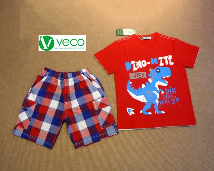 xưởng may quần áo trẻ em giá sỉ - bộ caro khủng long màu đỏ