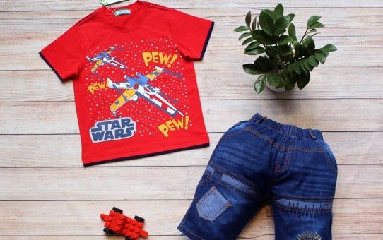 xưởng may quần áo trẻ em giá sỉ Veco - quần jean áo thun nam star màu đỏ
