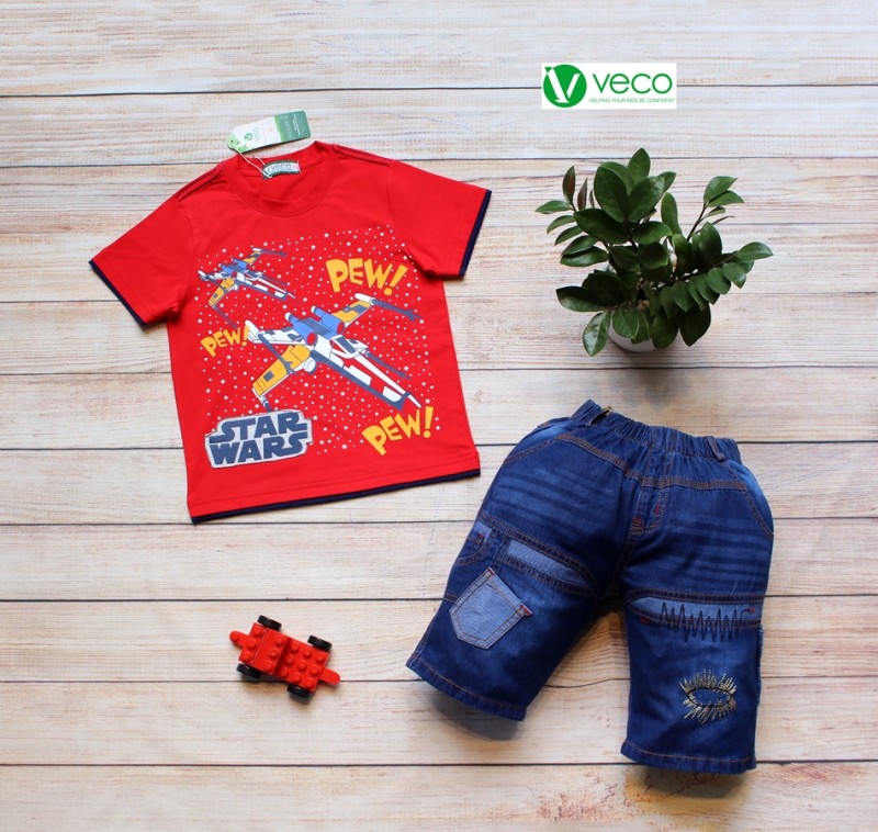 xưởng may quần áo trẻ em giá sỉ Veco - quần jean áo thun nam star màu đỏ
