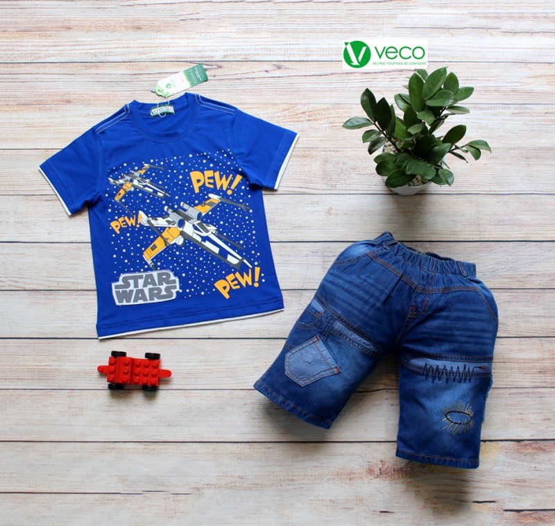 xưởng may quần áo trẻ em giá sỉ Veco - quần jean áo thun nam star màu xanh bích
